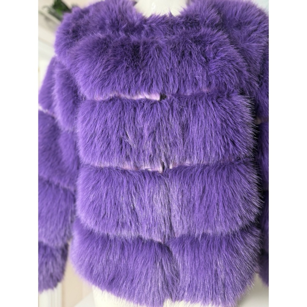Gini London Purple Faux Fur Coat M/L Cropped Jacket Plush Tiered Lined - Picture 10 of 11
